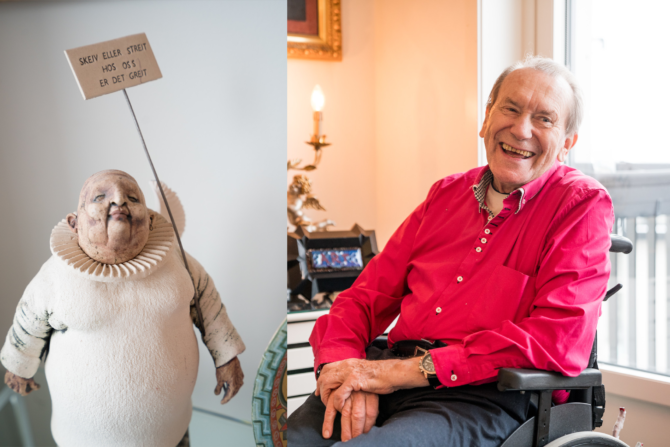 Bildet viser en collage av to bilder. Til venstre vises en lubben, liten hvit figur som bærer et skilt der det står "Skeiv eller streit hos oss er det greit". Til høyre vises en mann i rosa skjorte som sitter i rullestol og ler.